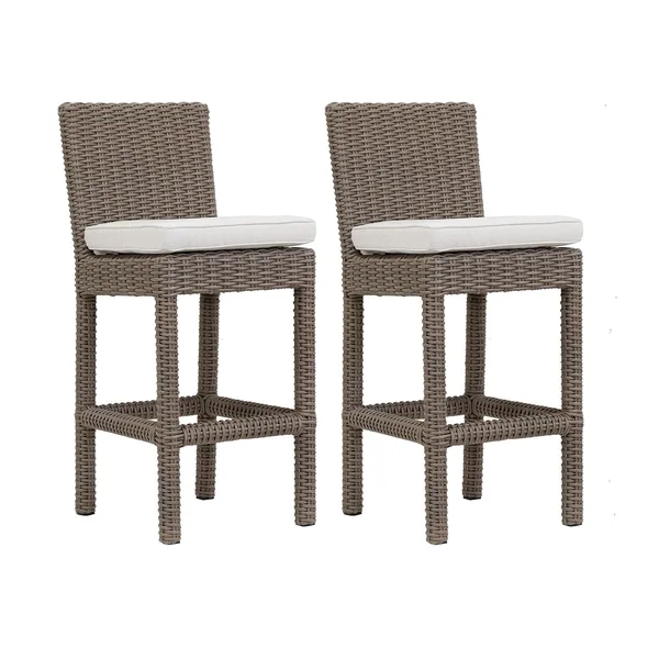 Coronado 2 Piece Wicker Patio Bar Stool Set W/ Sunbrella Canvas Flax Cushions By Sunset West