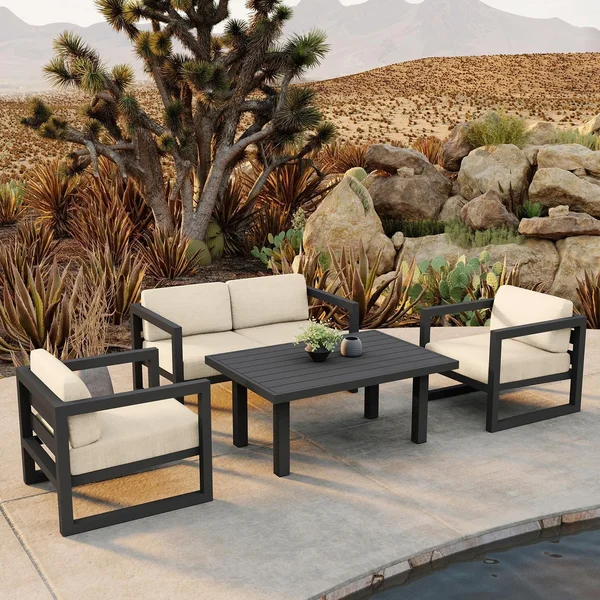 Misty Cove 4 Pc Aluminum Seating Set w/ Classic Chat Table Slate/Canvas Flax by Lakeview Outdoor Designs