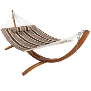 Ultimate Patio Quilted Double Hammock w/ 12-Foot Wood Stand & Pillow - Sandy Beach