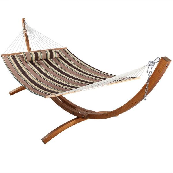 Ultimate Patio Quilted Double Hammock w/ 12-Foot Wood Stand & Pillow - Sandy Beach