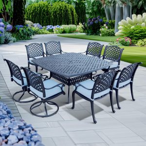 Nassau 9 Pc Cast Aluminum Dining Set w/ 64 Inch Square Series 30 Table & 4 Swivel Rockers in Antique Bronze/Sky Blue by Darlee