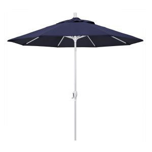 California Umbrella 9 Ft. Octagonal Aluminum Push Button Tilt Patio Umbrella W/ Crank Lift & Aluminum Ribs - Matted White Frame / Sunbrella Canvas Navy Canopy