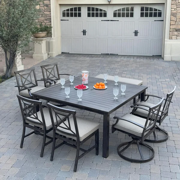 Atlantis 8 Pc Aluminum Dining Set w/ 2 Dining Side Chairs, 4 Swivel Rocker Dining Arm Chairs & Two Person Bench in Walnut/Beige by Darlee