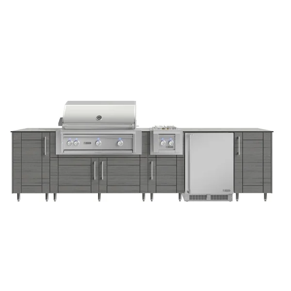 WeatherStrong Nassau 10 1/2 Ft Outdoor Kitchen Island w/ Lynx Natural Gas Grill, Side Burner & Refrigerator in Dark Ash/Glacier Frost