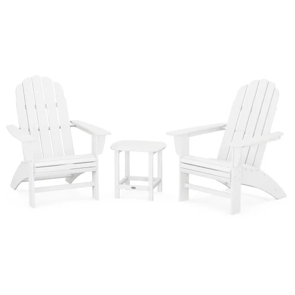 Vineyard 3 Pc Recycled Plastic Curveback Adirondack Seating Set w/ South Beach End Table in White by POLYWOOD