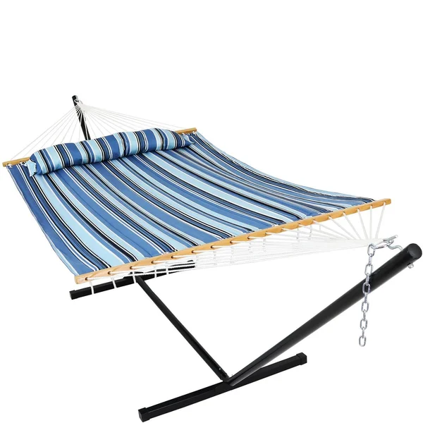 Ultimate Patio Quilted Double Hammock & Pillow w/ 12-Foot Black Stand - Misty Beach