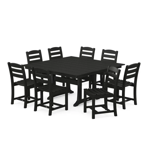 POLYWOOD La Casa Cafe 9 Piece Farmhouse Trestle Dining Set - Black