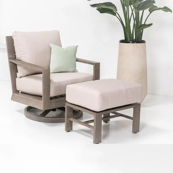 Laguna Aluminum Swivel Rocker Club Chair & Ottoman in Driftwood/Canvas Flax by Sunset West