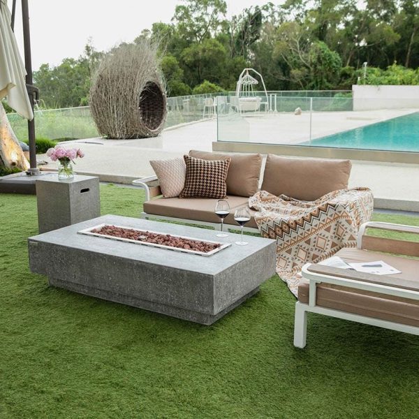 Hampton 56 Inch Rectangular Concrete Propane Fire Pit Table in Light Gray By Elementi