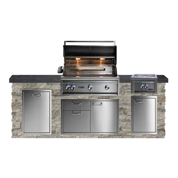 BBQGuys Signature 8ft Luxury Outdoor Kitchen w/ Lynx Professional 36-Inch Natural Gas Grill & Power Burner - Silver Travertine Stone w/ Black Polished Granite