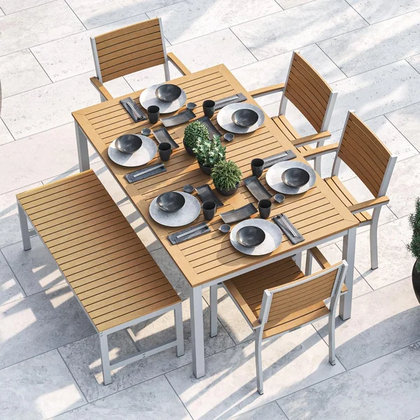 Oxford Garden Travira 6 Piece Flint Aluminum Patio Dining Set W/ Natural Tekwood Armchairs, 63-Inch Rectangular Natural Tekwood Table & Backless Bench
