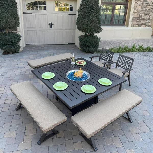 Brooklyn 6 Pc 60 Inch Aluminum Fire Pit Dining Set in Multi Brown/Sesame by Darlee