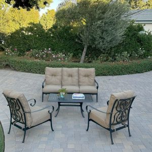 Santa Anita 4 Pc Cast Aluminum Seating Set w/ 48 X 26 Inch Series 88 Table in Antique Bronze/Linen Sesame by Darlee