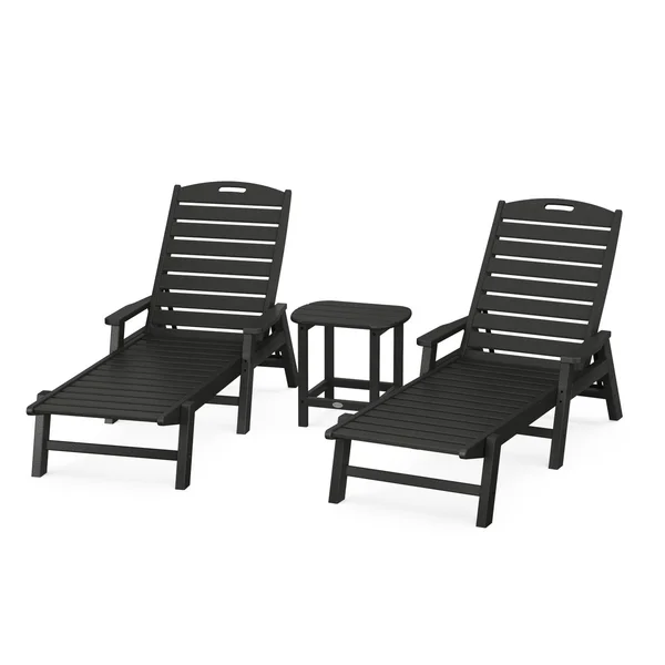 Nautical 3 Pc Set Recycled Plastic Chaise Lounge Set w/ Arms in Black by POLYWOOD
