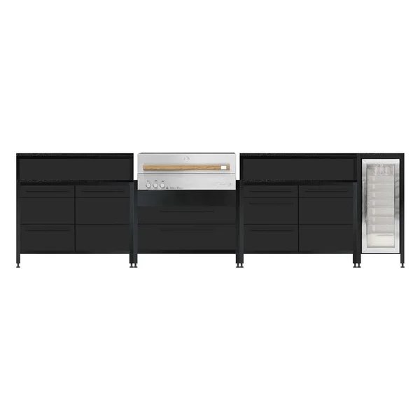 Burnout BBQ Modular Outdoor Kitchen Island w/ Flammkraft Model D Built-In Grill, Caso 4.4 Cu Ft. Refrigreator, Double Drawers, Propane Pullout, and Pullout Waste Bins - Shadow