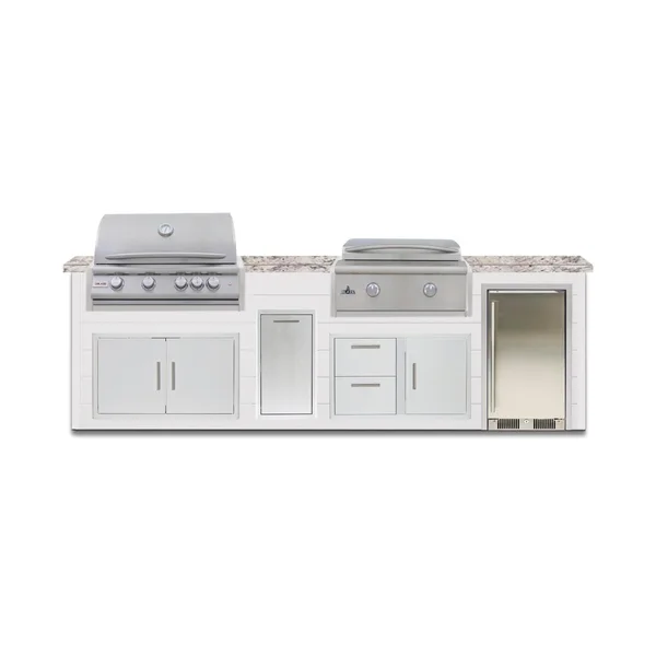 BBQGuys Signature 10 Ft Outdoor Kitchen Island w/ 32 Inch Propane Blaze LTE+ Grill & Griddle & Narrow Trash Bin | Crystal White w/ White Granite