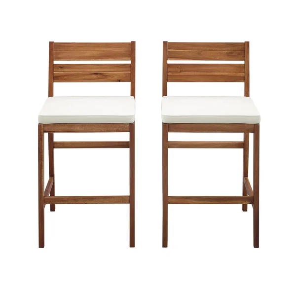Ultimate Patio 2 Piece Acacia Patio Counter Height Bar Stool Set W/ Off-White Cushions - Brown