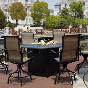 Monterey 7 Pc Cast Aluminum Counter Height Fire Pit Dining Set w/ 60 Inch Round Signature Table in Antique Bronze/Sesame by Darlee