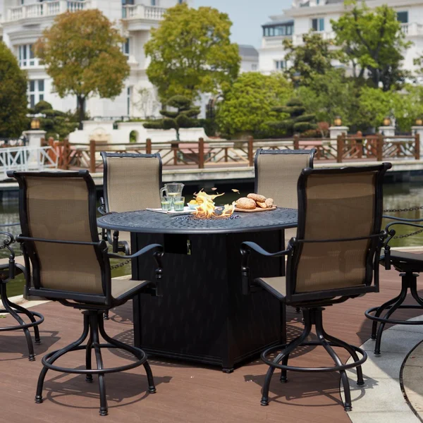 Monterey 7 Pc Cast Aluminum Counter Height Fire Pit Dining Set w/ 60 Inch Round Signature Table in Antique Bronze/Sesame by Darlee