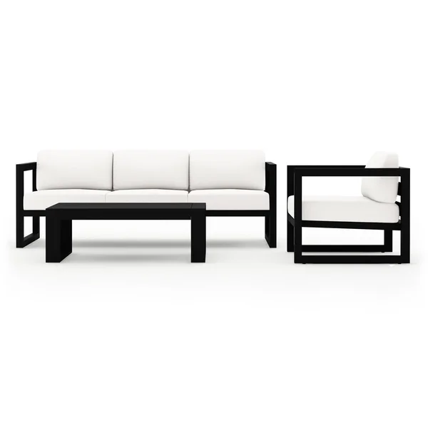 Misty Cove 3 Pc Aluminum Seating Set w/ Sofa & Portal Coffee Table in Black/Canvas Natural by Lakeview Outdoor Designs