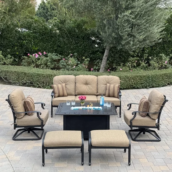 Santa Monica 6 Pc Cast Aluminum Fire Pit Seating Set w/ 2 Swivel Rocker Club Chairs, Sofa, and 2 Ottomans in Antique Bronze/Sesame by Darlee