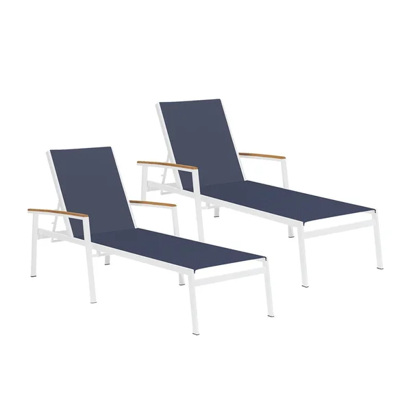 Travira 2 Pc Aluminum Chaise Lounge Set w/ Natural Tekwood Arm Caps in Chalk/Ink Pen by Oxford Garden