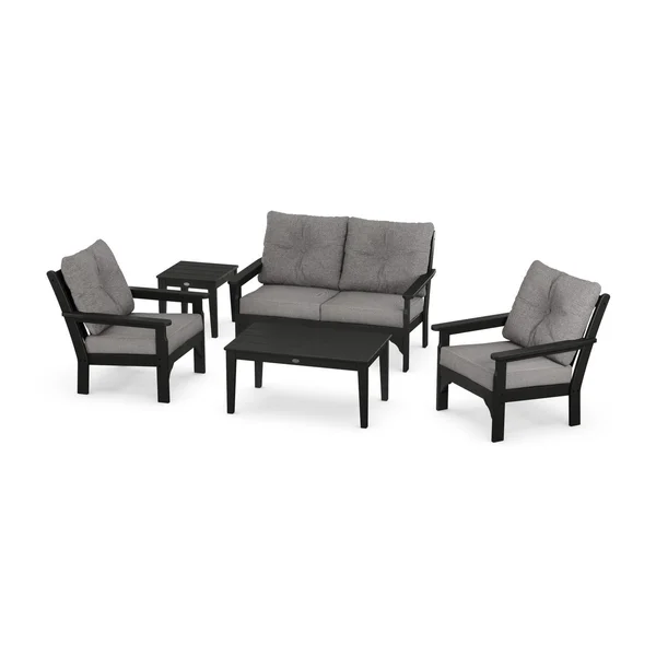 Vineyard 5 Pc Recycled Plastic Loveseat Seating Set in Black/Gray Mist by POLYWOOD