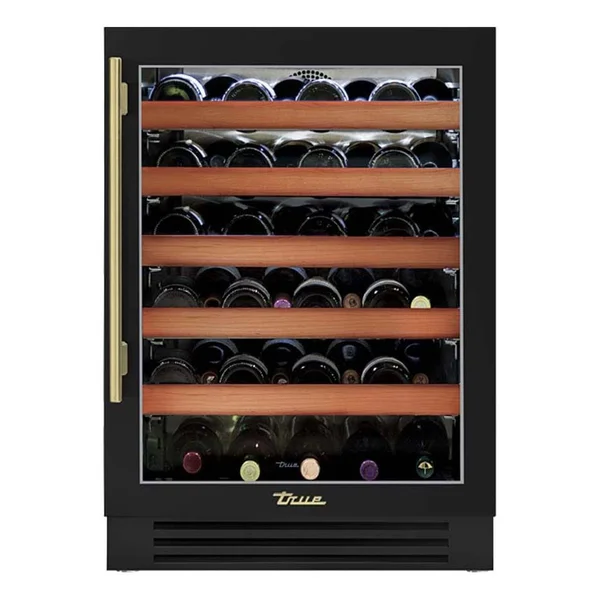 True 24 Inch 45 Bottle Right Hinge Glass Door Outdoor Wine Cabinet - Matte Black w/ Brass Handle - TWC-24-R-OG-C~DSK-027-H01