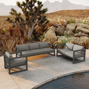 Misty Cove 3 Pc Aluminum Seating Set w/ Sofa & Loveseat in Slate/Canvas Charcoal by Lakeview Outdoor Designs