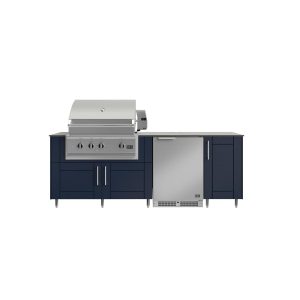 WeatherStrong Bimini 7 1/2 Ft Outdoor Kitchen Island w/ DCS Propane Grill & Refrigerator in Sapphire Blue/Glacier Frost