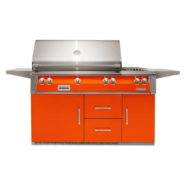 Alfresco ALXE 56-Inch Freestanding Propane Deluxe Grill On Refrigerated Cart With Rotisserie And Side Burner in Luminous Orange - ALXE-56R-LP-S2005