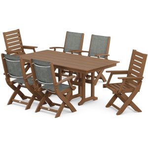 POLYWOOD x BBQGuys Creekside 7 Pc Recycled Plastic Dining Set W/ Birch Sling in Teak