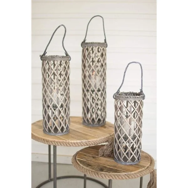 Set of 3 Large Grey Willow Lanterns with Glass