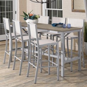 Travira 7 Piece Aluminum Patio Bar Set W/ 72 X 30 Inch Rectangular Tekwood Vintage Table By Oxford Garden - Natural Sling