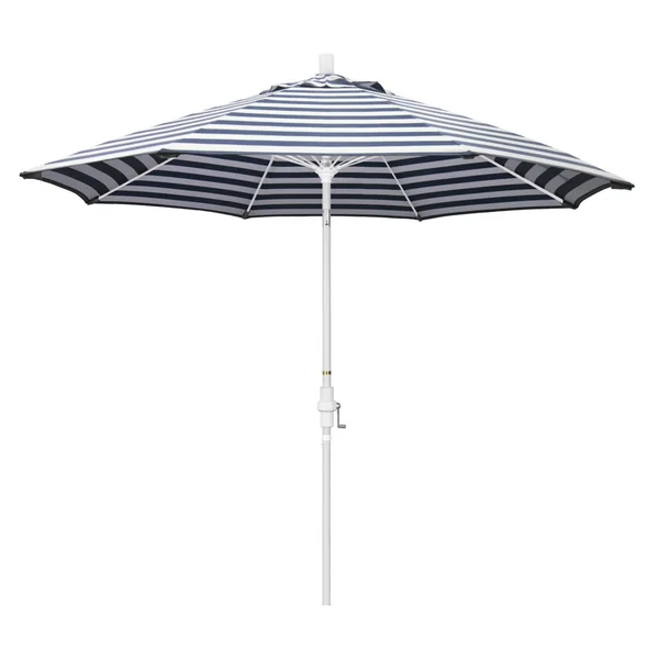 California Umbrella Sun Master Series 9 Ft Octagonal Aluminum Collar Tilt Patio Umbrella W/ Crank Lift & Fiberglass Ribs - Matted White Frame / Olefin Navy White Cabana Stripe Canopy