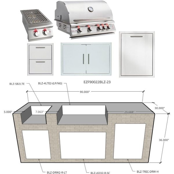 EZ Finish Systems 7 1/2 Ft Ready to Finish Outdoor Kitchen Island w/ Blaze LTE 32-Inch Natural Gas Grill & Side Burner