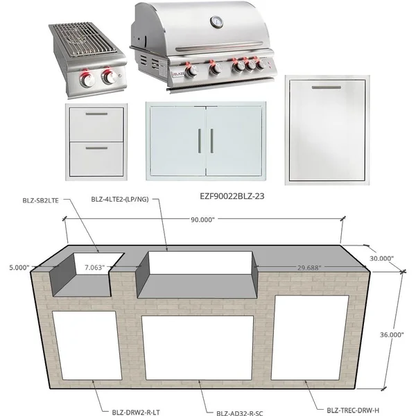 EZ Finish Systems 7 1/2 Ft Ready to Finish Outdoor Kitchen Island w/ Blaze LTE 32-Inch Natural Gas Grill & Side Burner
