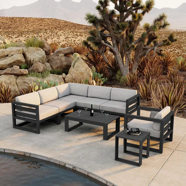 Misty Cove 8 Pc Aluminum Seating Set w/ Sectional in Slate/Cast Silver by Lakeview Outdoor Designs