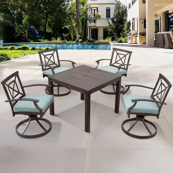 Atlantis 5 Pc Aluminum Dining Set w/ 37 Inch Table & Swivel Rockers in Walnut/Spa by Darlee