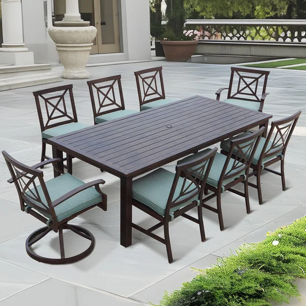 Atlantis 9 Pc Aluminum Dining Set w/ 88 X 42 Inch Table & 2 Swivel Rockers in Walnut/Spa by Darlee