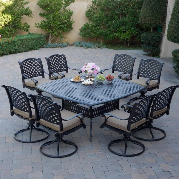 Nassau 9 Pc Cast Aluminum Dining Set in Antique Bronze w/ Sesame Cushions By Darlee