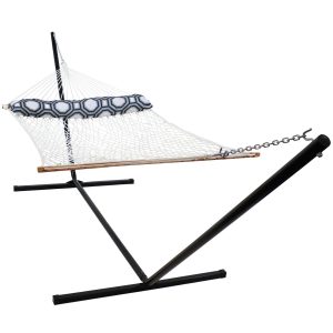 Ultimate Patio Classic Double Rope Hammock & Pillow w/ 15-Foot Black Stand - White