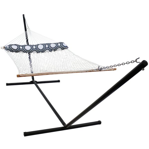 Ultimate Patio Classic Double Rope Hammock & Pillow w/ 15-Foot Black Stand - White