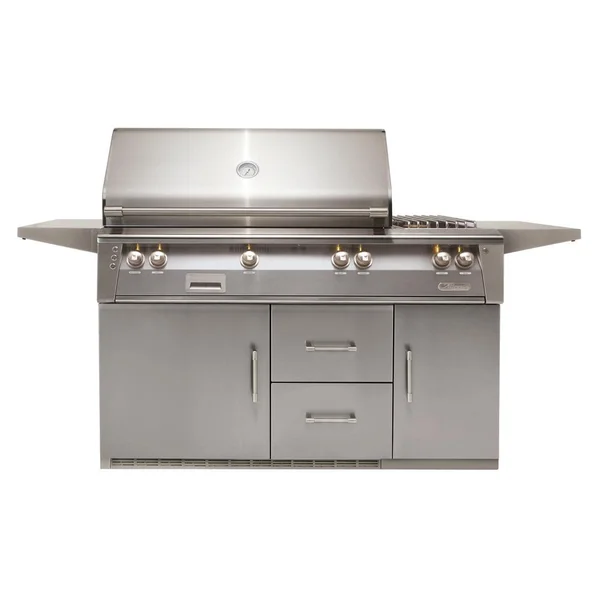 Alfresco ALXE 56-Inch Freestanding Propane Deluxe Grill On Refrigerated Cart With Rotisserie And Side Burner in Signal Gray - ALXE-56R-LP-S7004