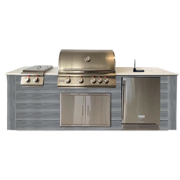 Pro-Fit 8-Foot Outdoor Kitchen Island W/ Blaze LTE 32-Inch Propane Gas Grill, Double Side Burner, Refrigerator & Beverage Dispenser - Driftwood Grey / Bianco Giulia A Satin