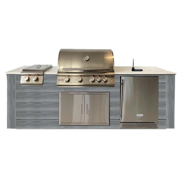 Pro-Fit 8-Foot Outdoor Kitchen Island W/ Blaze LTE 32-Inch Propane Gas Grill, Double Side Burner, Refrigerator & Beverage Dispenser - Driftwood Grey / Bianco Giulia A Satin