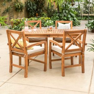 Ultimate Patio Camille Way 5 Piece Acacia Patio Dining Set W/ 60 X 34 Inch Rectangular Table & Natural Cushions