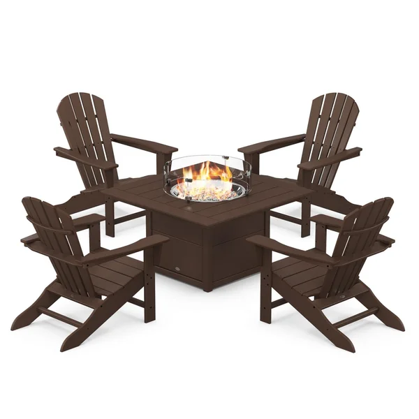 Palm Coast 5 Pc Recycled Plastic Fire Pit Seating Set in Mahogany by POLYWOOD