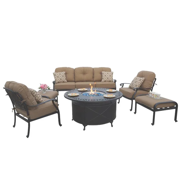 Elisabeth 6 Pc Cast Aluminum Fire Pit Sofa Seating Set w/ 47 Inch Table & Throw Pillows in Antique Bronze/Sesame by Darlee
