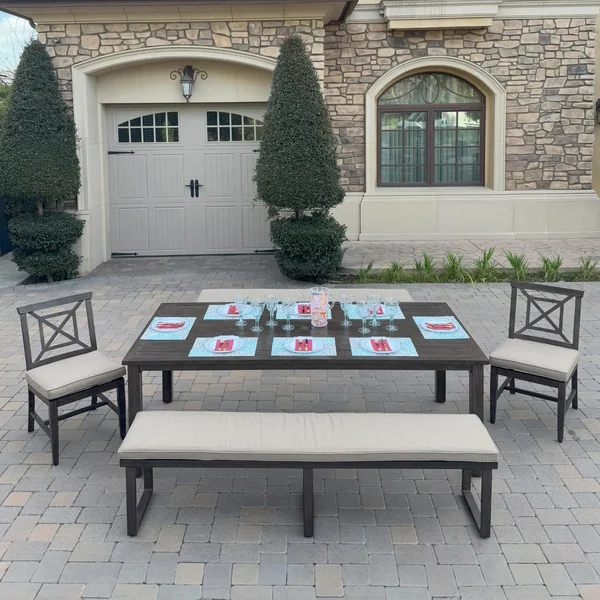 Atlantis 5 Pc Aluminum Dining Set w/ 2 Dining Side Chairs & 2 Three Person Benches in Walnut/Beige by Darlee